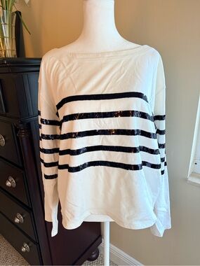 J.Crew Cream & Black Sequin Stripe Long Sleeve Boat Neck Top | Medium